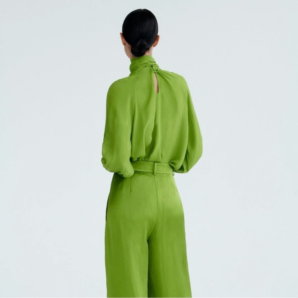 Zara | Green Flowy Satin Drape Long Sleeve Blouse - Picture 7 of 16